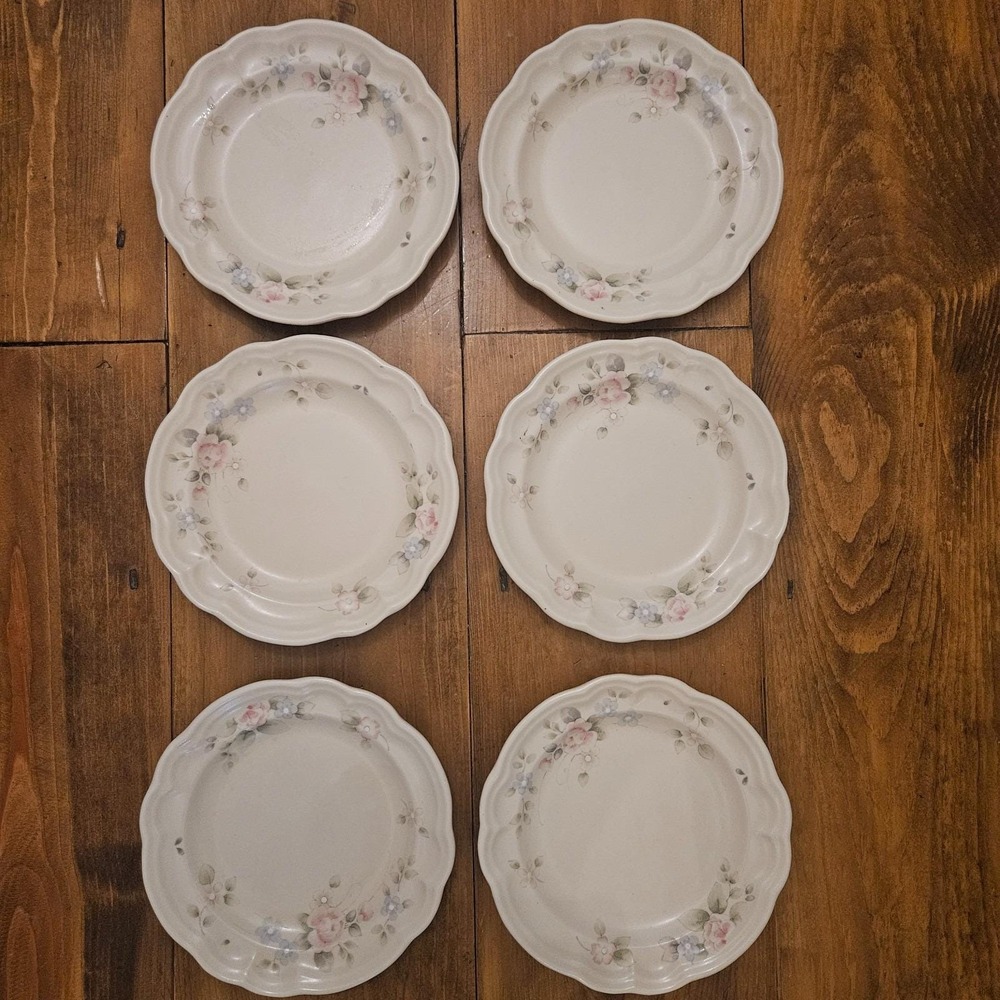 Vintage Pfaltzgraff Tea Rose Set of 6 Salad Dessert Plates Pink Blue Floral USA